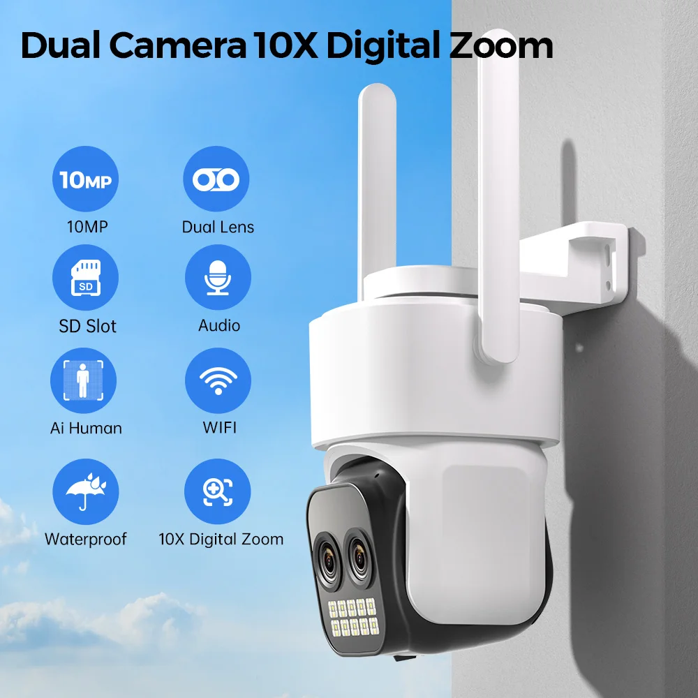 10MP WiFi Camera PTZ Outdoor Dual Len Human Detection 8X Digital Zoom Two-Way Au