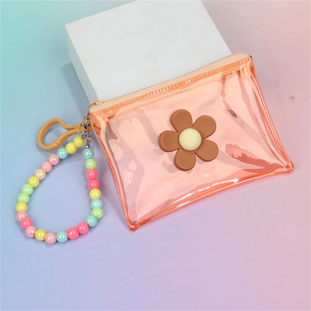 Colorful Flower Transparent Mini Coin Purse and Earphone Storage Bag with Key Chain & Zipper Wallet Organizer