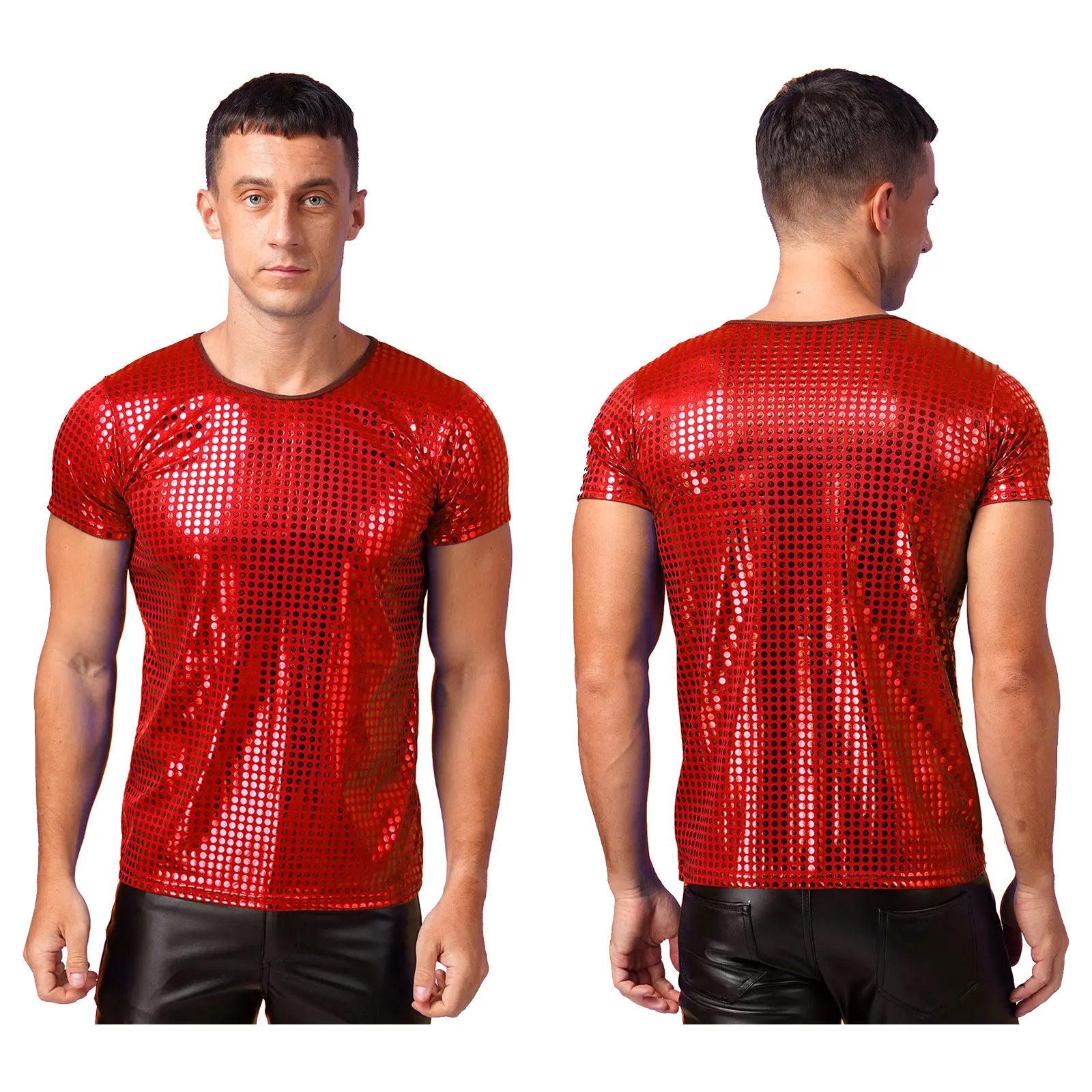 Camiseta de baile moderno de Jazz con lentejuelas brillantes para hombre, Tops con cuello redondo, camisetas de manga corta para actuaciones, disfraces para festivales y discotecas