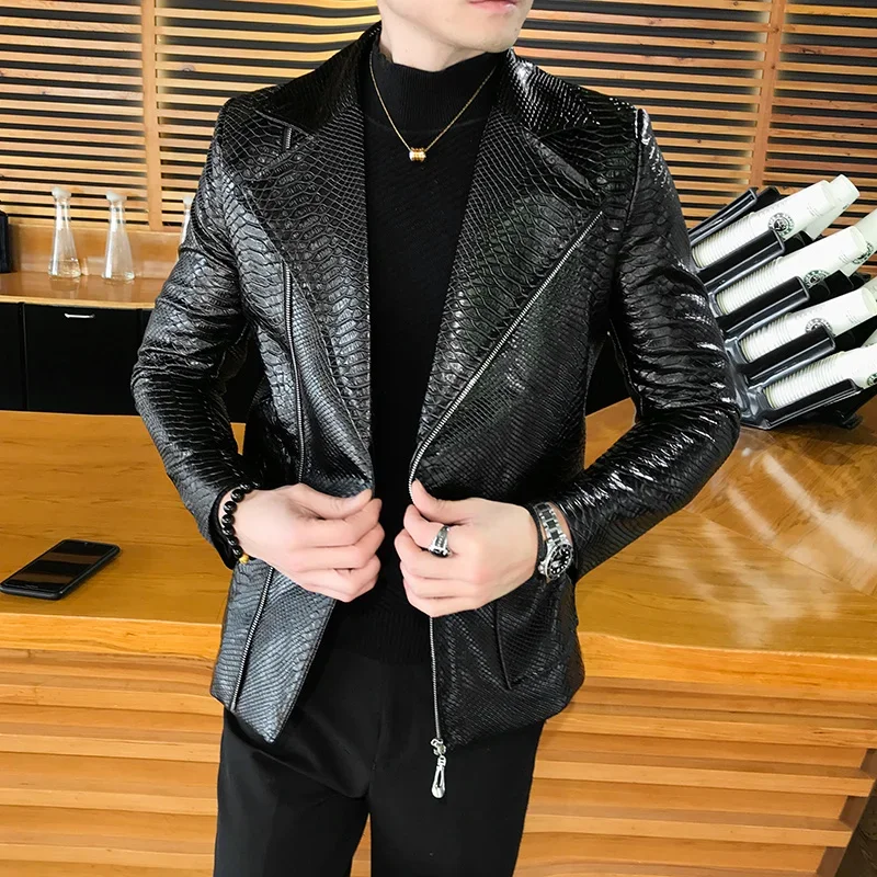 

Casual Snake Leather Jacket Coat Men Autumn Design Biker Solid Color PU Leather Jackets Men British Style Men Motorcycle Vintage