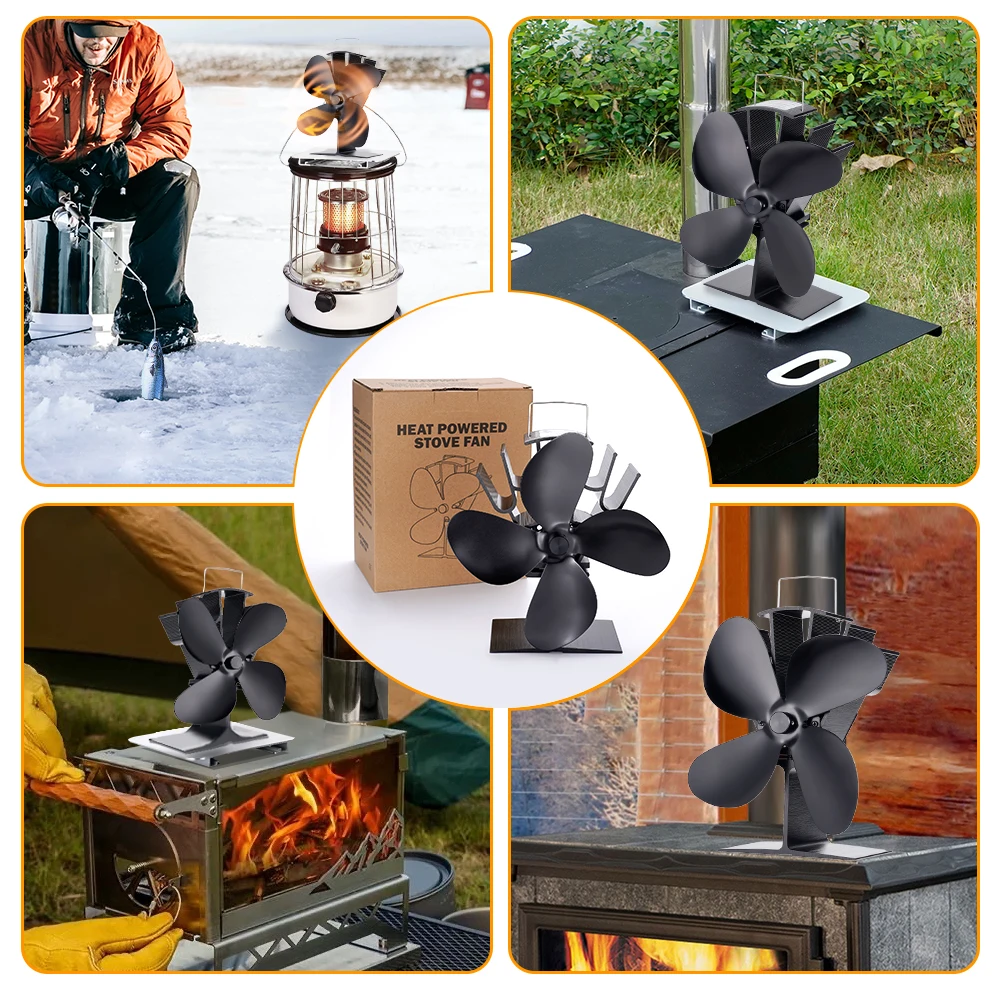 4 Blades Heat Powered Stove Fan Log Wood Burner Eco Quiet Hot Fireplace Fan Home Warm Heating Efficient Heat Distribution