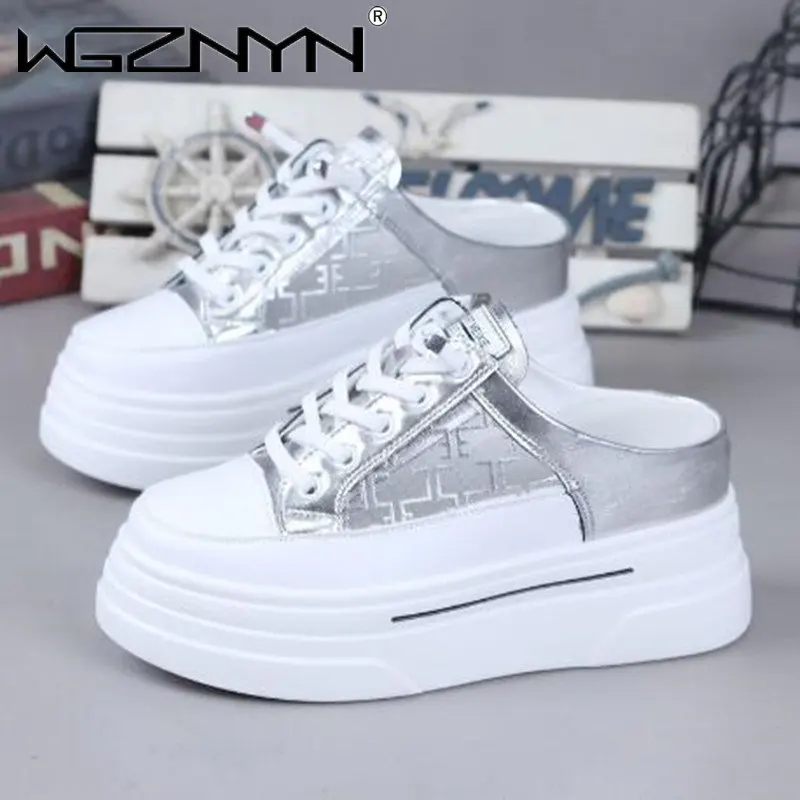 

Женские кожаные шлепанцы на каблуке 8 см, повседневные кроссовки на шнуровке, модные летние тапки, Женская полуобувь, кроссовки, лето 2023