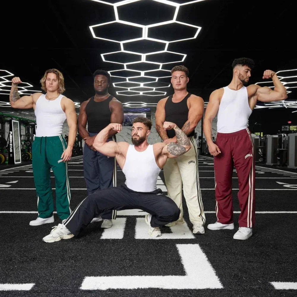 YOUNGLA American sports pants double stitching printed casual pants gym exercise fitness waist straight casual pants sports pants casual sports pants printed pants