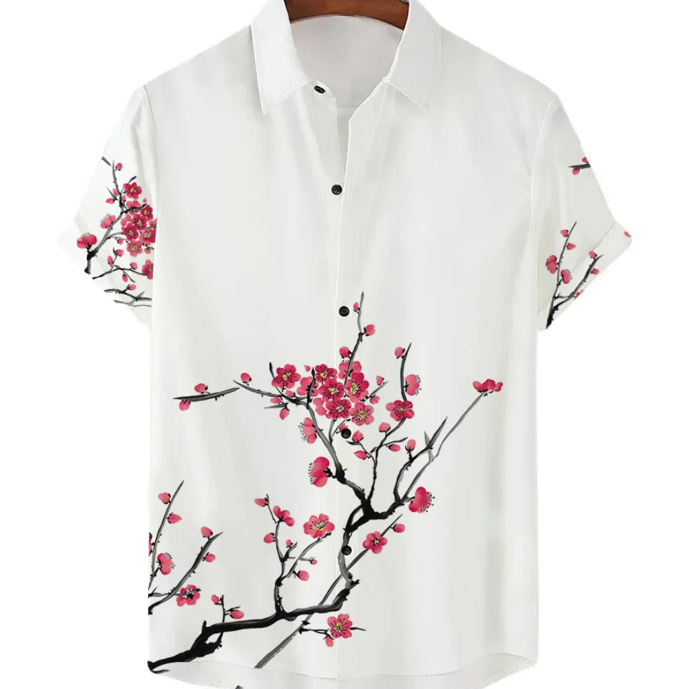 

Hawaiian Simple Men'S Shirt Plum Blossom 3d Print Casual Short-Sleeved Top Beach Party Shirts Male Clothes Loose Shirt Blouse