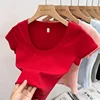 الصيف تي شيرتات قصيرة الاكمام المرأة الصلبة بلوزات على شكل حرف U الحلو النساء الملابس الساخن فتاة المحاصيل الأعلى الإناث ضئيلة تنوعا المحملة 2025