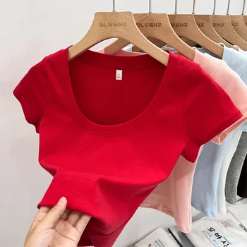 الصيف تي شيرتات قصيرة الاكمام المرأة الصلبة بلوزات على شكل حرف U الحلو النساء الملابس الساخن فتاة المحاصيل الأعلى الإناث ضئيلة تنوعا المحملة 2025