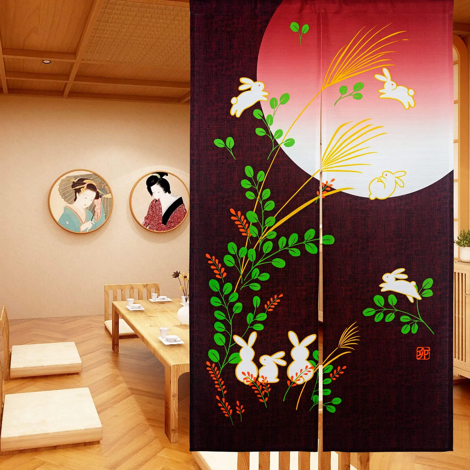 Cute Rabbit Under Moon Japanese Noren Door Curtain Feng Shui Half-Curtains Kitchen Partition Entrance Curtain Home Decorations 3