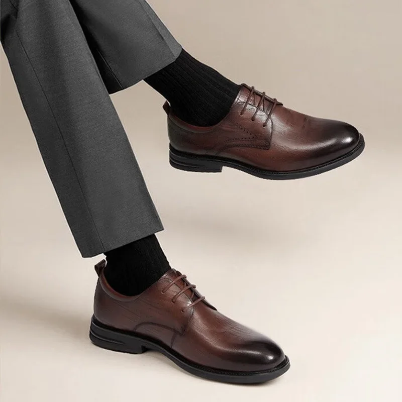 GOLDEN CAMEL Men's Leather Dress Shoes Breathable Genuine Business Formal Derby Shoes for Men Inner Height British Wedding