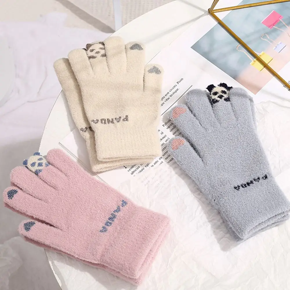 

Warm Simple Panda Love Women Letter Wool Mittens Female Gloves Touch Screen Gloves Driving Gloves