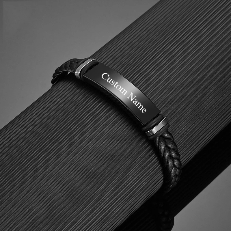 Personalized Leather Bracelet for Men Stainless Steel Custom Engraved Name ID Bracelet Gift for him Customized Wristband Gift