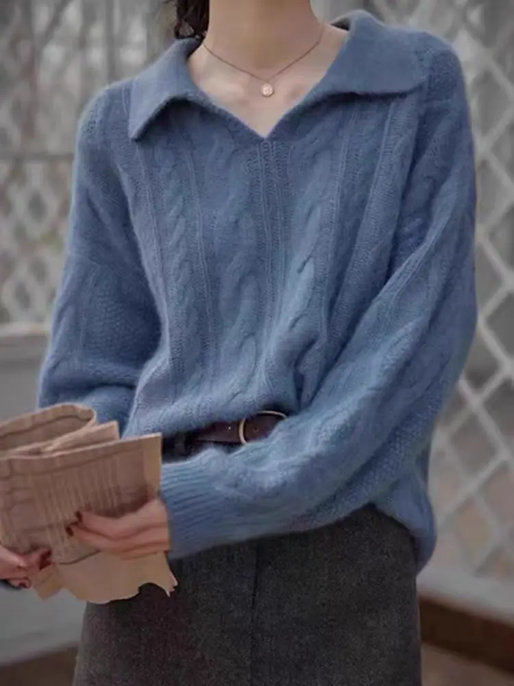 Women's Retro Lapel Pullover, Cashmere Sweater, Jacket, V-neck, Soft Waxy, Loose, Lazy, Twist, Autumn 4