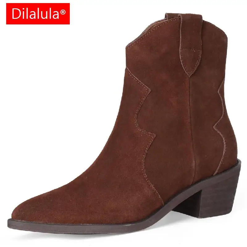 

Dilalula Autumn Winter Women Ankle Boots Fashion Mature Office Ladies Thick Heels Shoes Woman Kid Suede Leather Western Boots