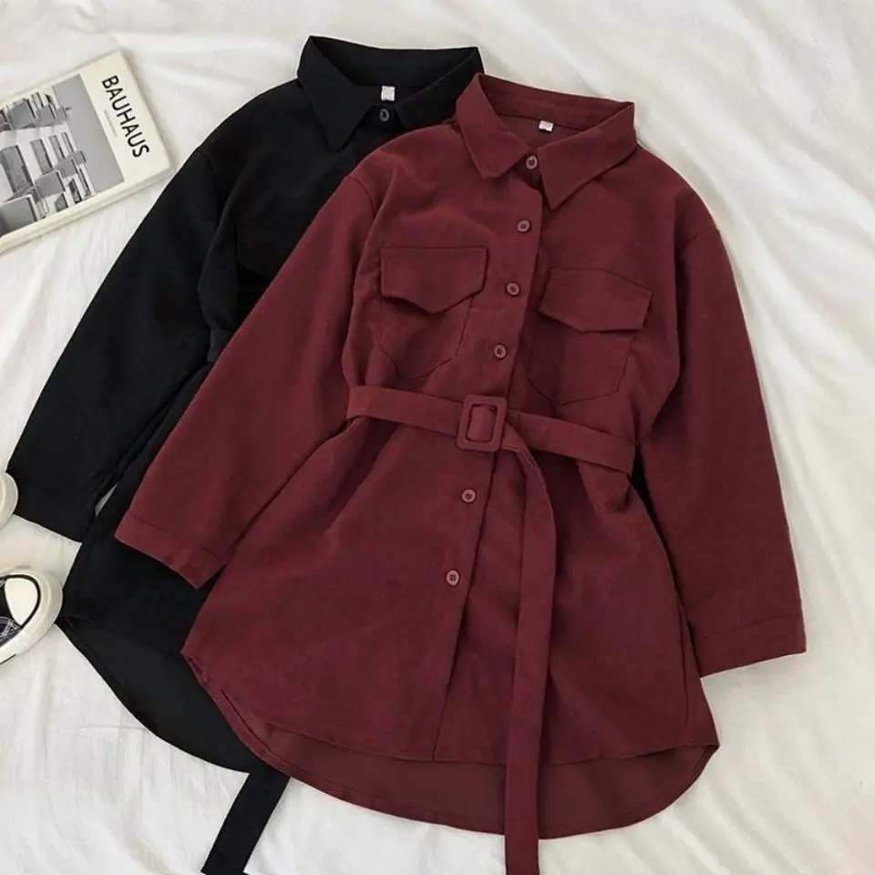 

Corduroy Shirt Women's Long Sleeved Polo Neck Spring Autumn Chic All-match Loose Med-Length Lace Up Blouse Dress Female Clothing