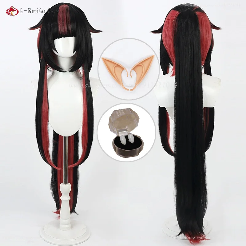 Lilia Cosplay Perücke 100cm Schwarz Rot Synthetik Hitzeresistent Anime Halloween + Perückenkappe 2