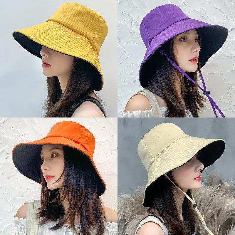 Summer Women Double-sided Bucket Hats Big Brim Foldable Solid Sun Hats Fisherman Hat for Travel sunscreen hats