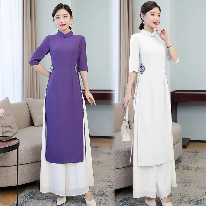 Vintage Harajuku Purple Ao Dai Vietnam Solid Pants Two Piece Set Embroidery Chinese Style Women Slim Casual White Long Top Suits
