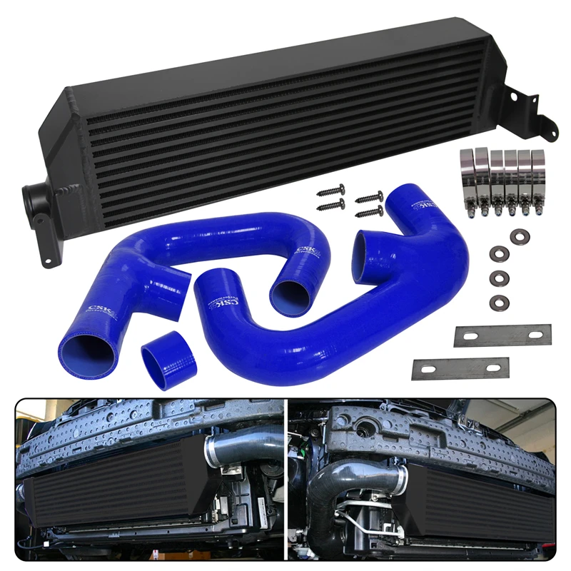 Black Aluminum Front Twin Intercooler with Hose Kit Black/Blue/Red Fits