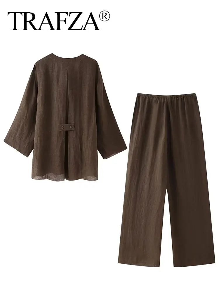 TRAFZA Pajama Style Pants Sets Women Fashion Kimono Style Lace Up Shirt Top Elastic Waist Trousers Women's Casual Outfits TRAF