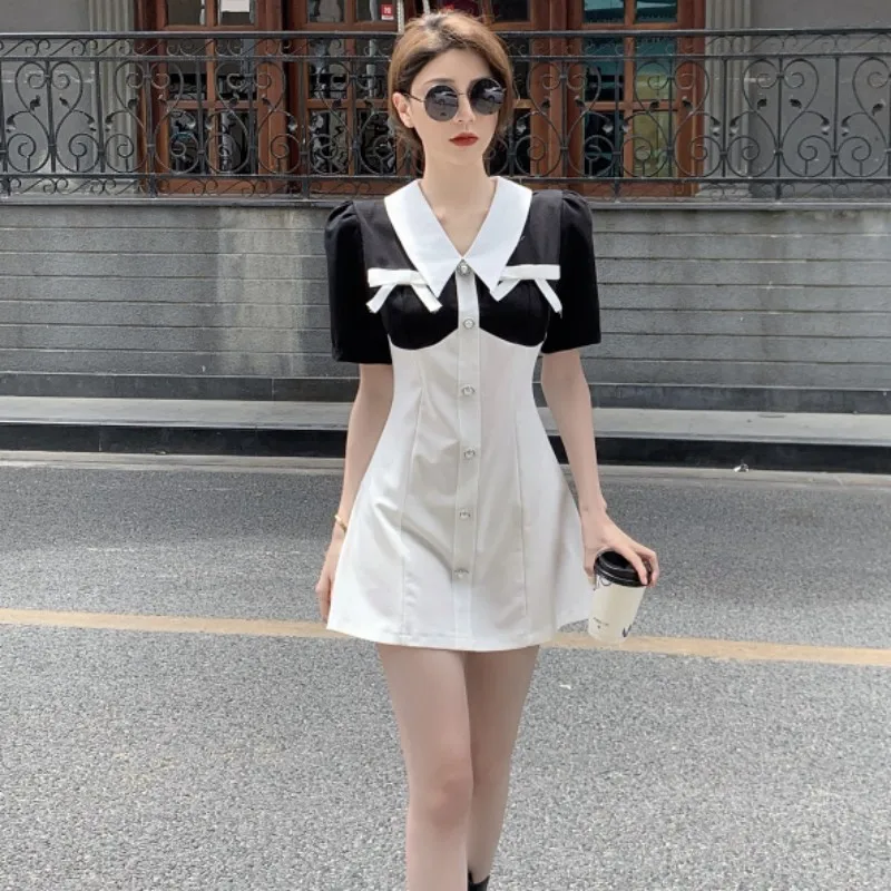 

2023 New Summer Style Dress Temperament Celebrity Contrast Color Splice Single Breasted Draw Back Self-cultivation Free Shipping