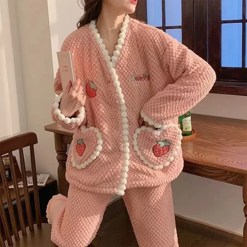 

Cute Warm For Sleepwear Sweet Pyjamas Pajamas Flannel Winter Sets Pink Thick V-Neck Female Nightwear Women Pijamas Homewear