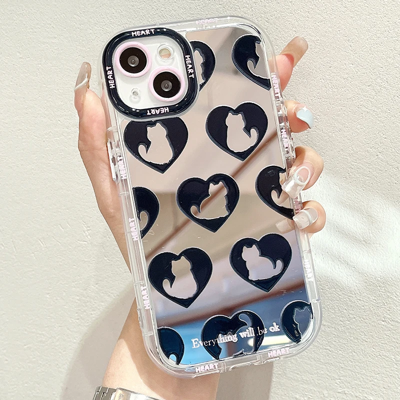 Cat Love Heart Silver Mirror iPhone Case