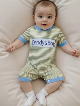 Father s Day Gift Adorable Baby Boy Romper with Letter Embroidery and Striped Design Perfect for Summer Outings and Daily Wear 4
