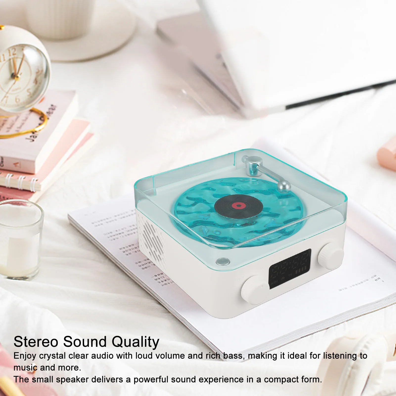 Record Player Style Bluetooth Speaker with Night Light and Time Display 3 in 1 Multifunction Small Stereo Wireless Speaker