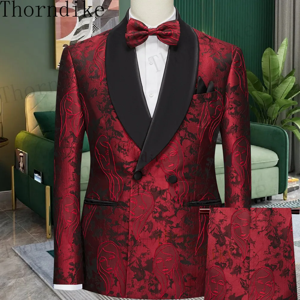 Thorndike Terno Masculino Burgundy Slim Fit Male Floral Formal Wedding Mens Double Breasted Suits Groom Tuxedo Prom Suits