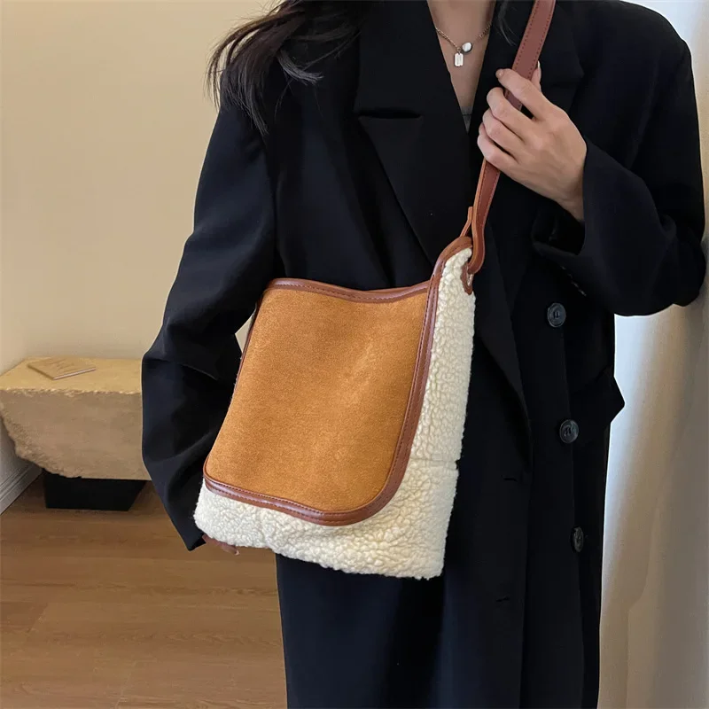 2023 New Trend Winter 2 Pcs/set Fashion Women's Simple Big Leather Lambhair Shoulder Bag Ladies Large Capacity Handbags Purse