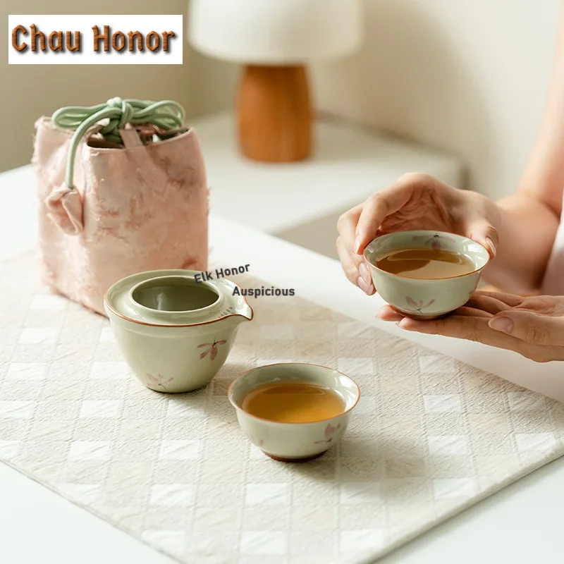 Pure Hand-painted Powder Orchid Travel Tea Set Kit Boutique 1 Pot 2 Cups Tea Maker Organizer Portable Picnic Handbag Supplies