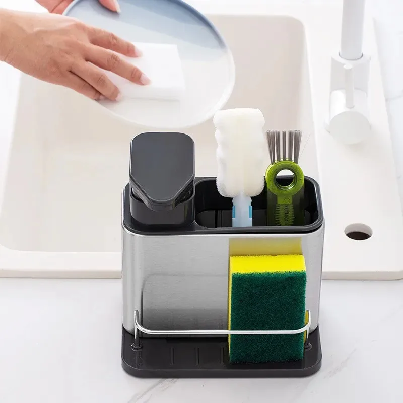 Soap Dispenser 3-in-1 Kitchen Stainless Steel Tableware Soap Dispenser Sponge Holder Sink Organizer Drain Rack Kitchen Sinks