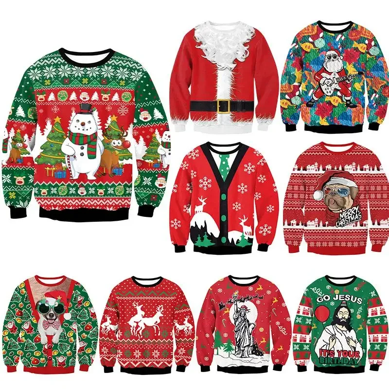 Oversized Pullover Ugly Christmas Sweatshirts for Men Crewneck Tracksuit Couple Vintage Fake Two Pieces Streetwear Male Clothing 2023 summer t shirt shorts male fashion clothes top tshirt suits quick drying 2 piece sets oversized tracksuit men s set casual