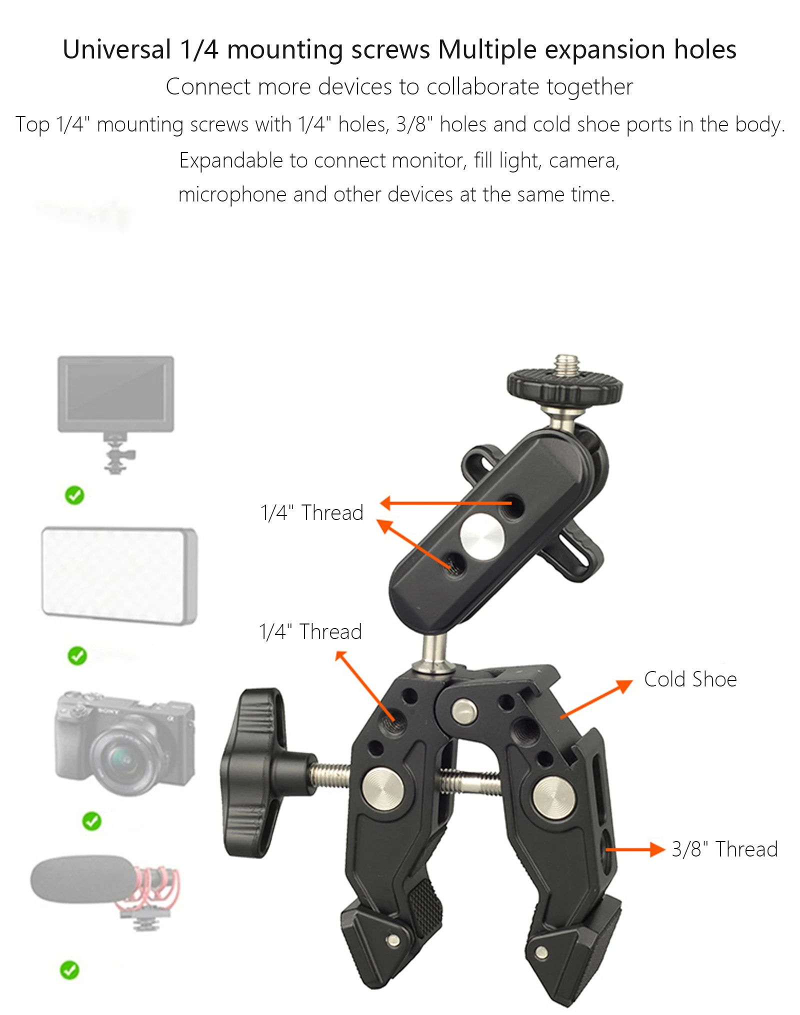 듀얼 볼헤드 매직 암, 콜드 슈, 1/4인치 3/8인치 나사산이 있는 새로운 슈퍼 클램프, GoPro DJI 데스크 삼각대용 폰/액션 카메라 마운트