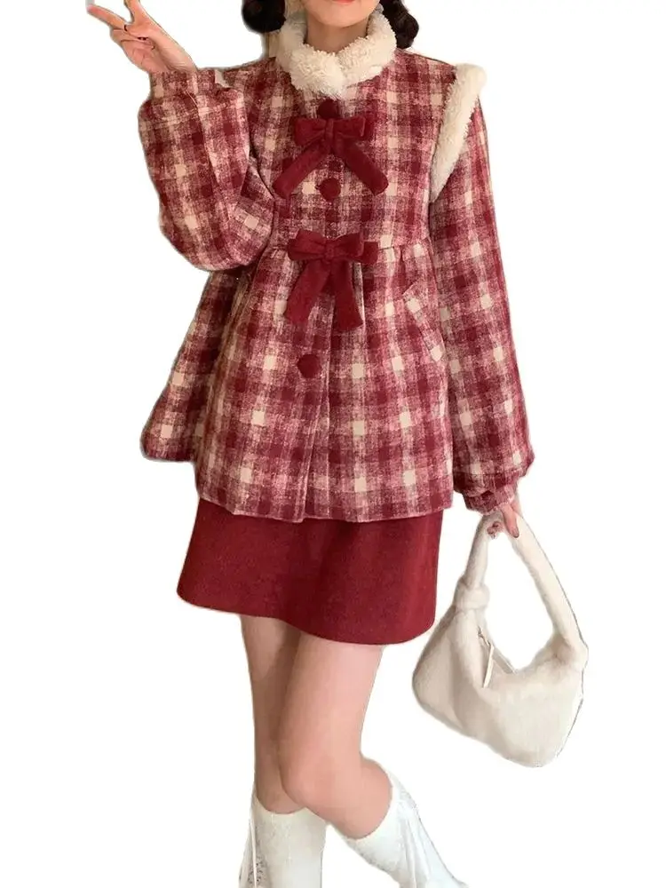 Korea Women's Sets Winter New Fashion Temperament Fur Collar Red Plaid Loose Coats Short Woolen Dress Two Piece Women's Clothing