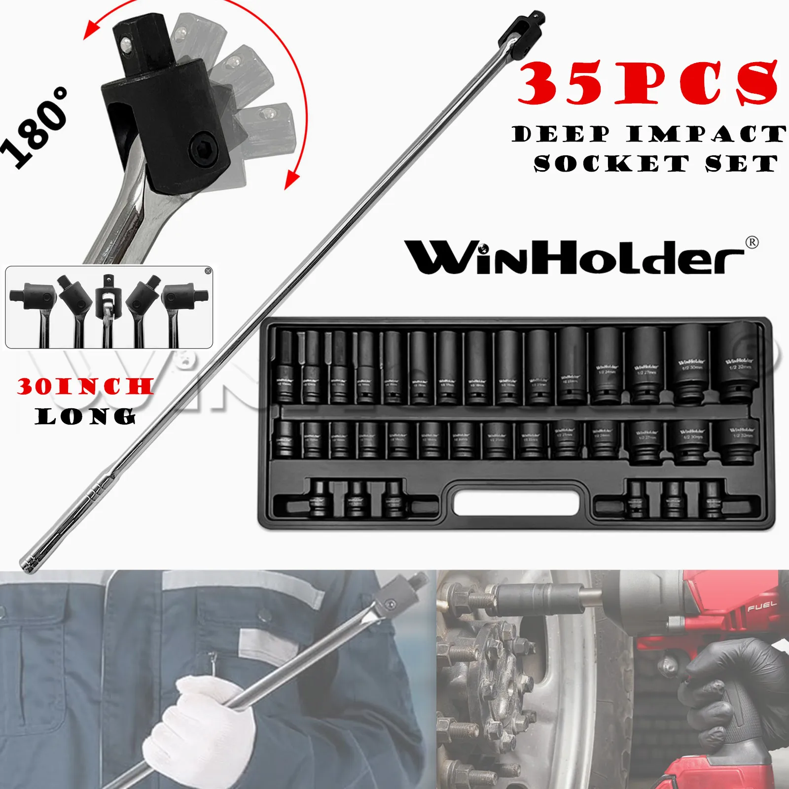 WinHolder 35pcs DEEP IMPACT Socket Set 1/2" Inch Drive Long Reach Impact Sockets 8mm-32mm + 762mm 30inch Long Breaker Bar Wrench