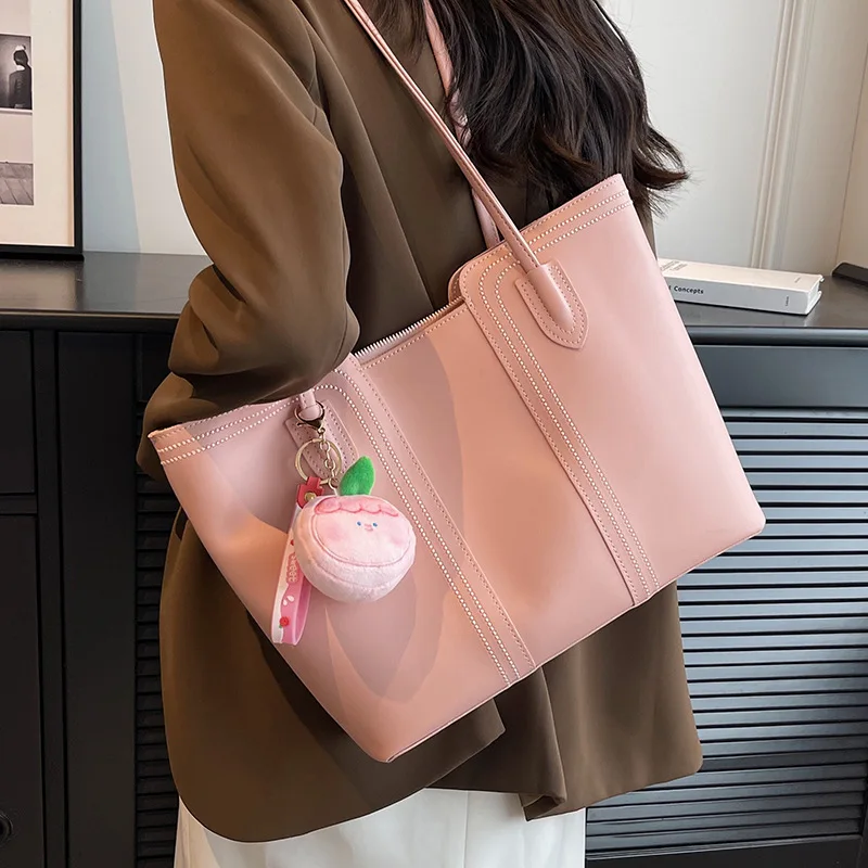 New Shoulder Bag Large Capacity Stylish Women's Bag Summer 2023 PU Texture Trendy All-match Student Solid Tote Bag Preppy Style