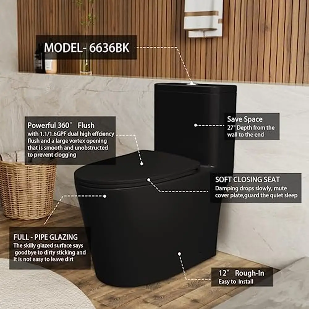 Modern Black Dual Flush Elongated Ceramic Toilet with Comfortable Seat Height 12'' Powerful & Quiet Self-Cleaning Design 2