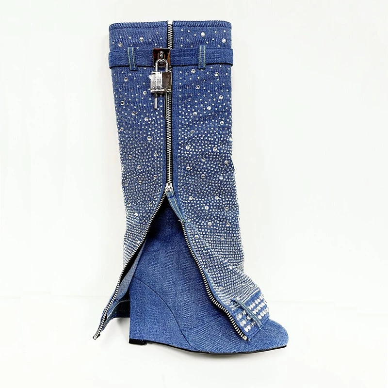 

Padlock Belt Buckle Design Colored Rhinestone Knee High Boots Blue Denim New Women's Pointed Wedge Heels Long Boots Size 34-43