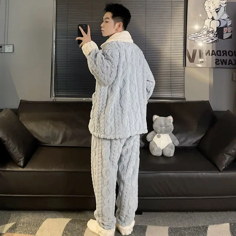Couple Pajamas for Men Fleece Winter Sleepwear Korean Sleeping Night Wear Patchwork Pijama 2 Pcs Pant Sets Warm Pocket Home Suit