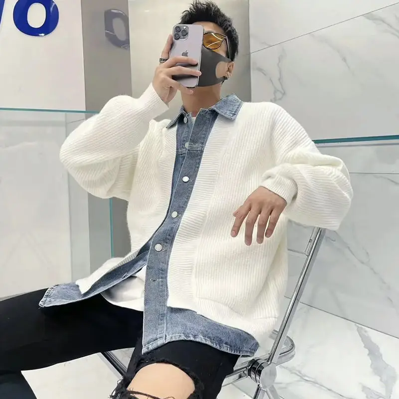 New Trendy Handsome Fake Two-piece Denim Cardigan Patchwork Sweater Knitted Jacket Men and Women Autumn and Winter Loose Sweater