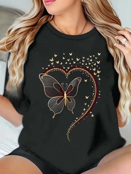 White Crew-neck T-shirt, Decorated with Butterfly and Heart Prints – A Romantic, Fashionable, and Nature-inspired Theme.women 1