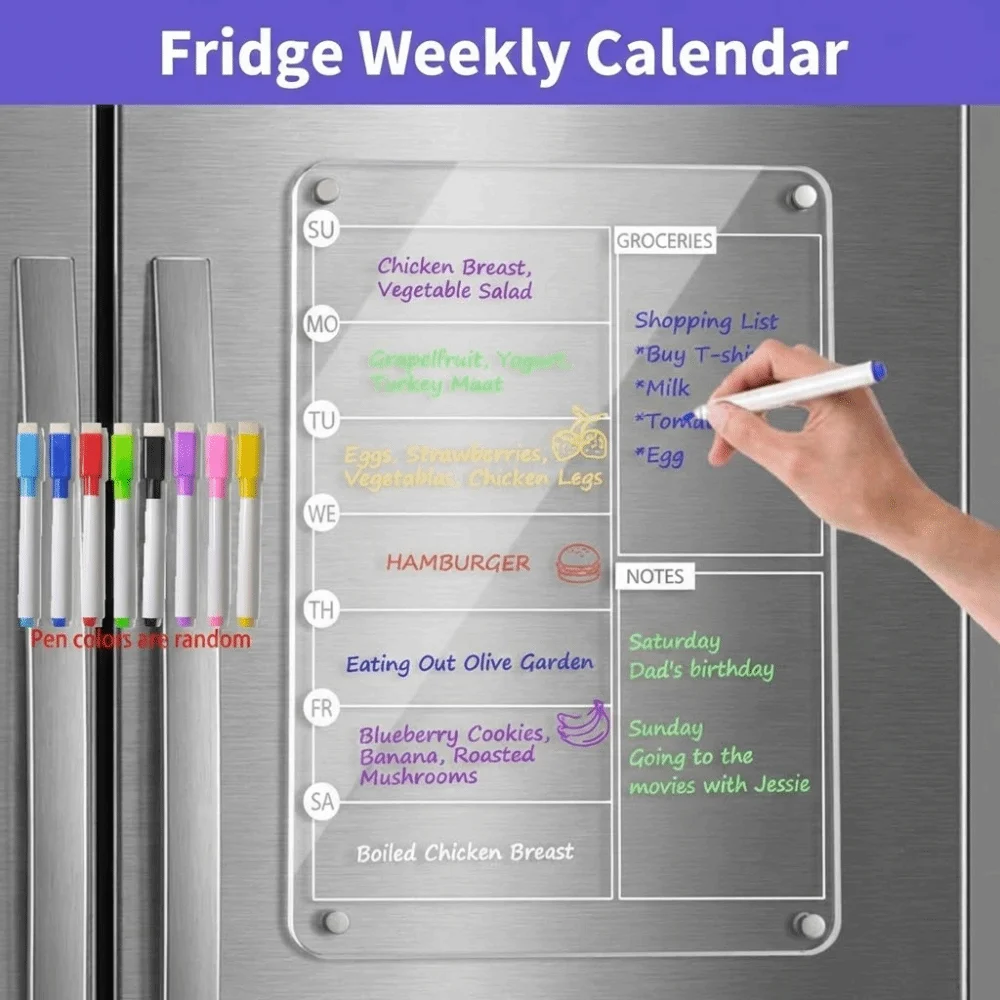 Magnetic Acrylic Weekly Planner with 8 Markers - Transparent, Reusable, Frameless Design