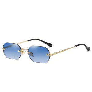 Солнцезащитные очки без оправы для мужчин и женщин, небольшие прямоугольные, в металлической оправе, с дужками золотистого, многоугольного и синего цвета, с защитой UV400, 2021