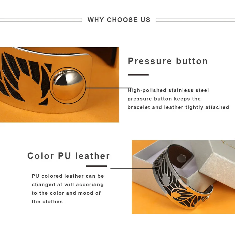 Yoiumit 25mm Leaf Bangles Love Cuff Bracelets Stainless Steel Manchette Femme Interchangeable Reversible Leather Jewelry Gift