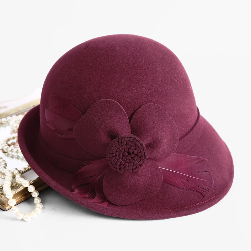 

Hepburn Style 100% Australia Wool Woman Flower Cloche Cap Party Lady Felt Fedora Formal Hat Fashion Retro Church Hat