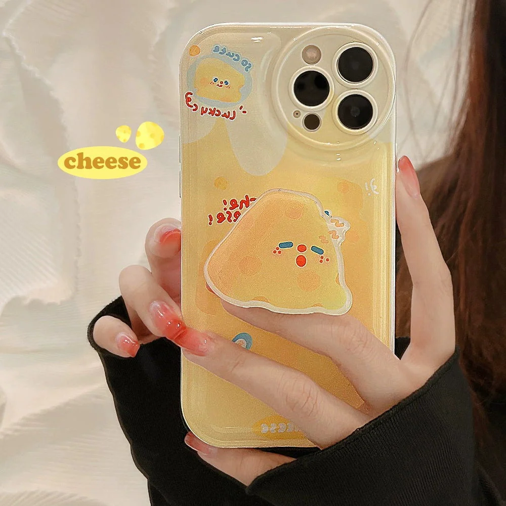 Japan Korean Cute Yellow Cheese Bracket Soft Phone Case For IPhone 7 8 Plus  12 11 14 Pro Max XR X XS Max Protective Back Cover - AliExpress