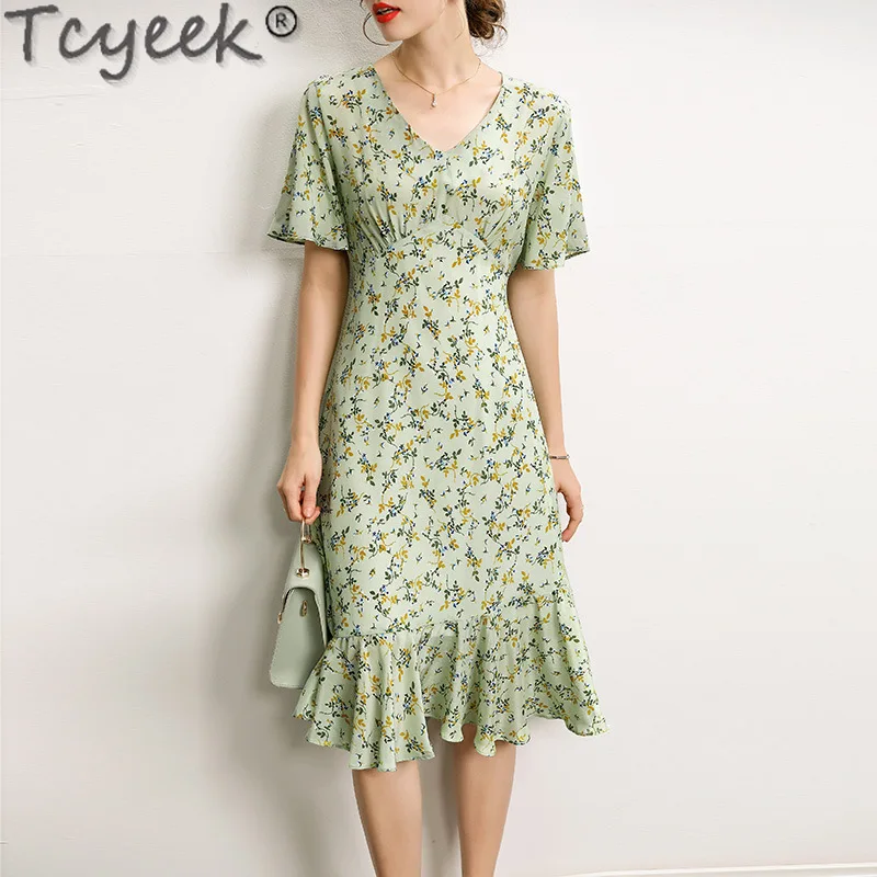 

Tcyeek 100% Mulberry Silk Elegant Dresses for Women 2024 Summer Women's Dress Short Sleeve Midi Dress Slim Fit Vestido Mujer