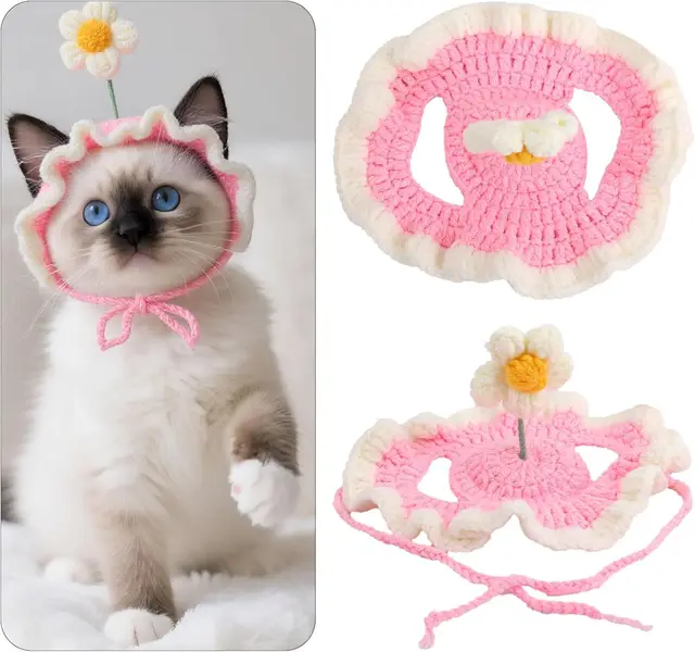 Gorro tejido para gato con diseño de flor: Accesorio Crochet Emoape