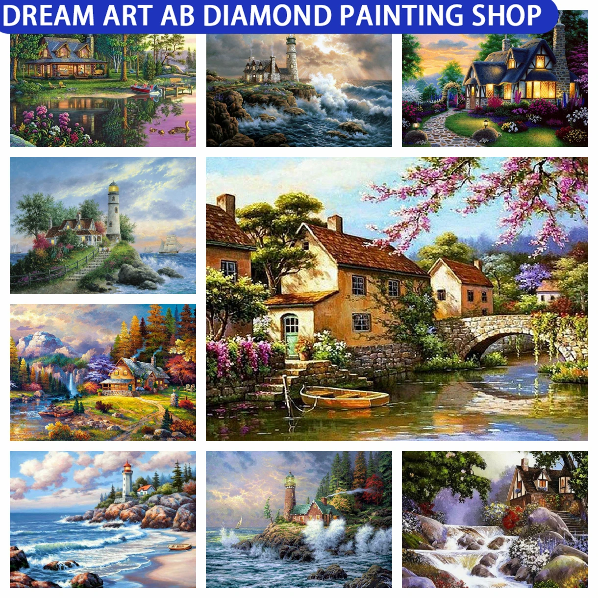 

5D Villa Scenery Art Diamond Painting Forest Stream AB Full Drill Resin Mosaic Diamond Embroidery Home DIY Decoration Gift
