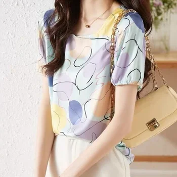 With Print Shirts & Blouses for Women Half Sleeve Chiffon Woman Top Economic Free Shipping Luxury Designer M Korean Style Cool S